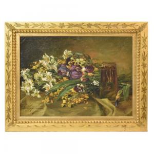 ALTE GEMÄLDE, STILLLEBEN MIT BLUMEN, IRIS UND MARGERITEN, FRÜHES 20. JAHRHUNDERT. (QF185)